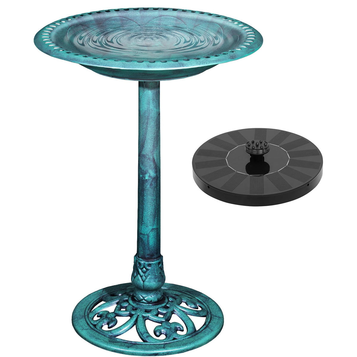 VECELO front view of pedestal bird bath showing vintage bronze look and garden appeal