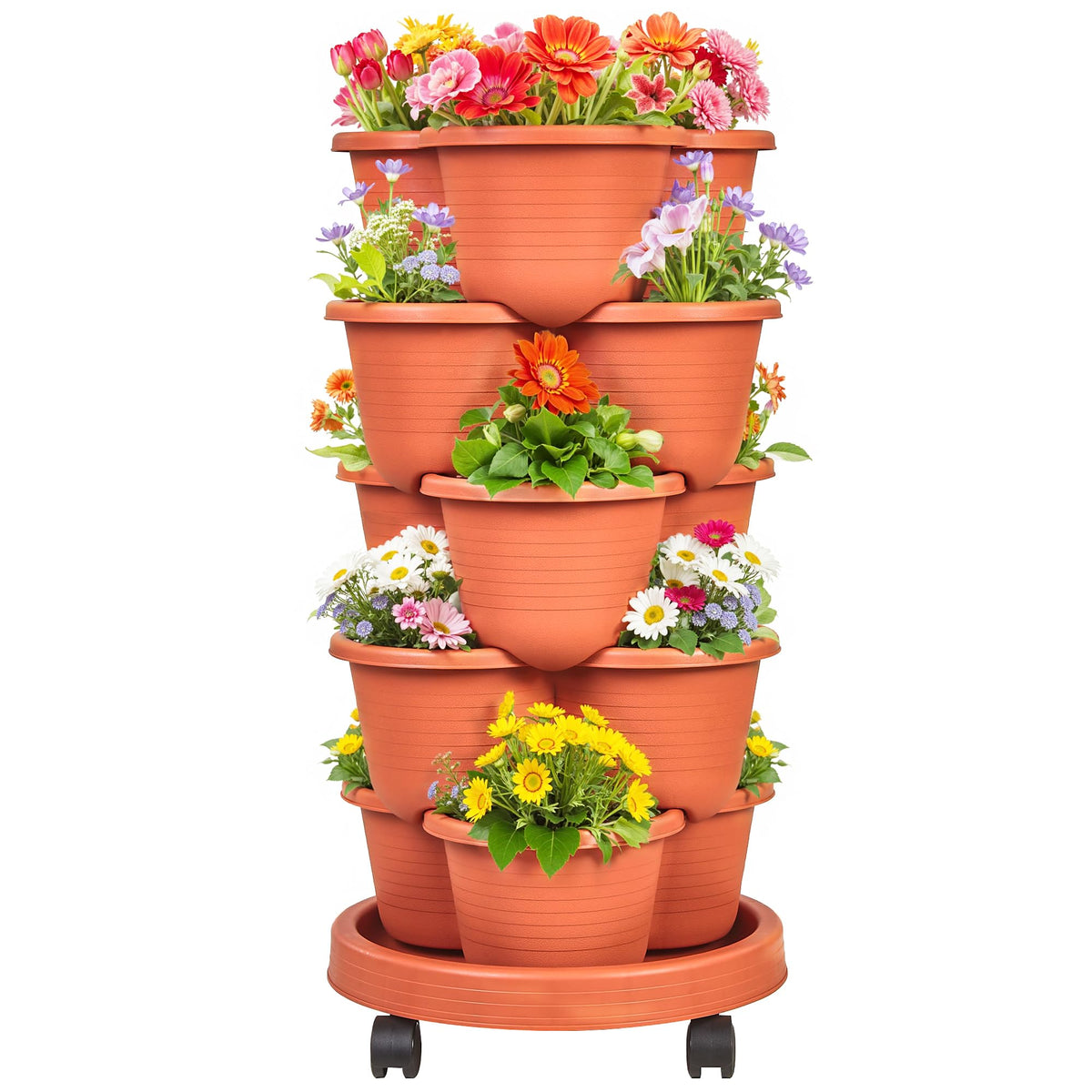 VECELO front view of red 5 tier planter showing compact vertical gardening benefit
