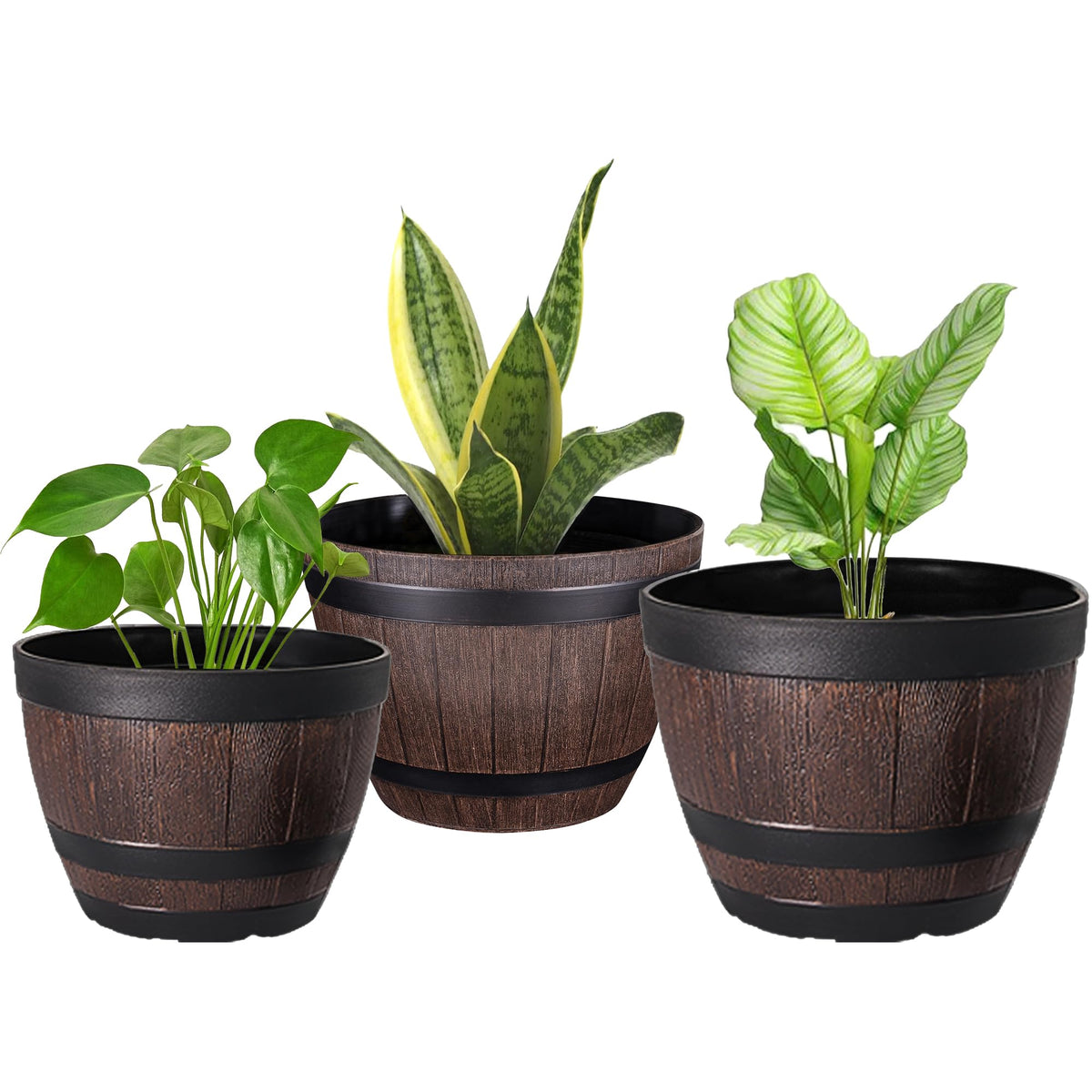 VECELO front view of three brown barrel planters offering coordinated styling
