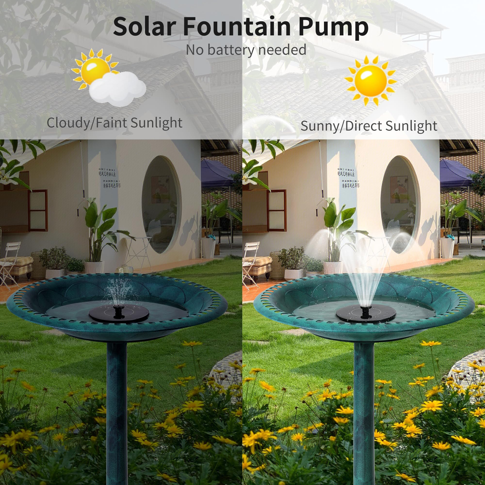 VECELO bird bath beside garden tools showing scale and easy relocation advantage