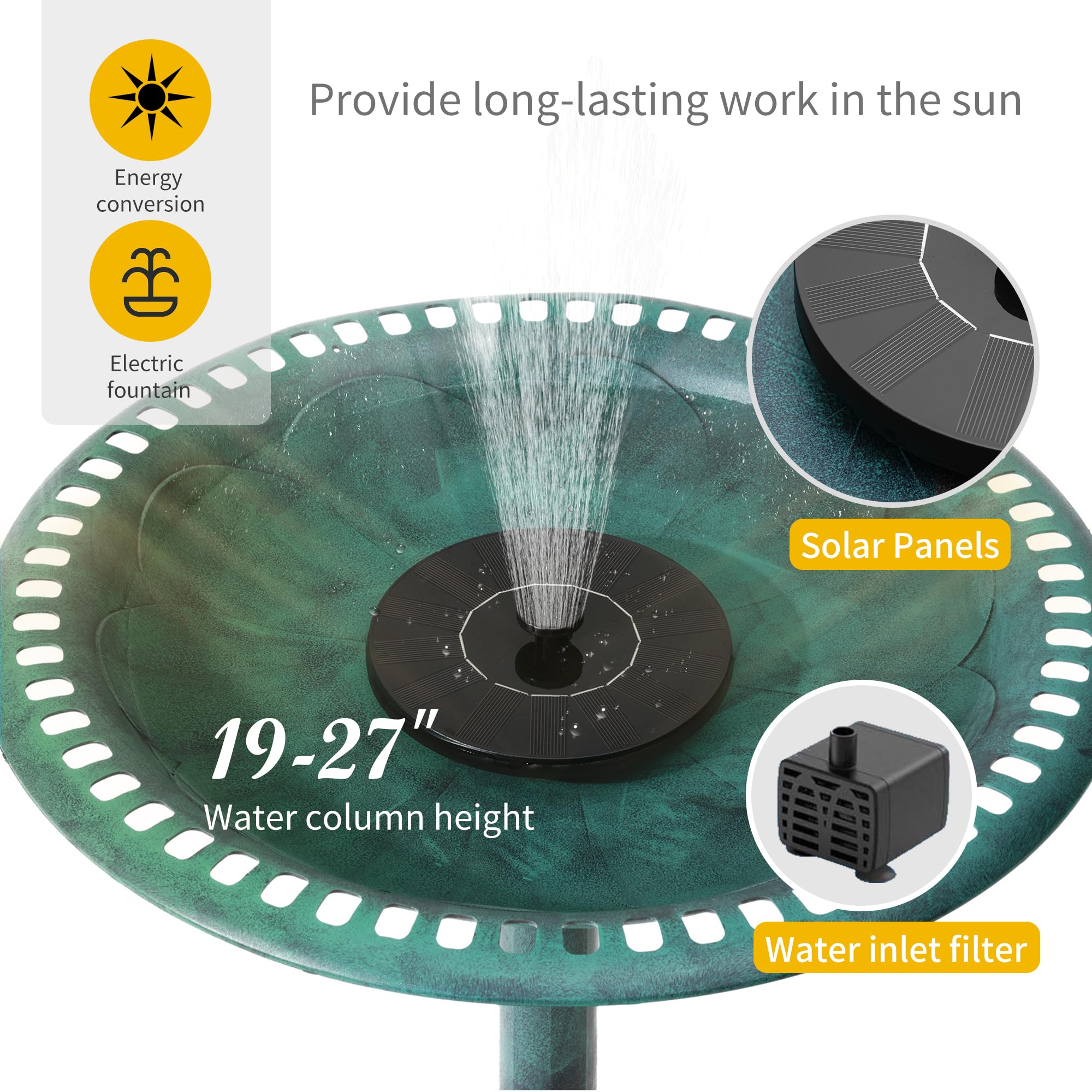VECELO solar fountain floating in bowl showing moving water to attract birds