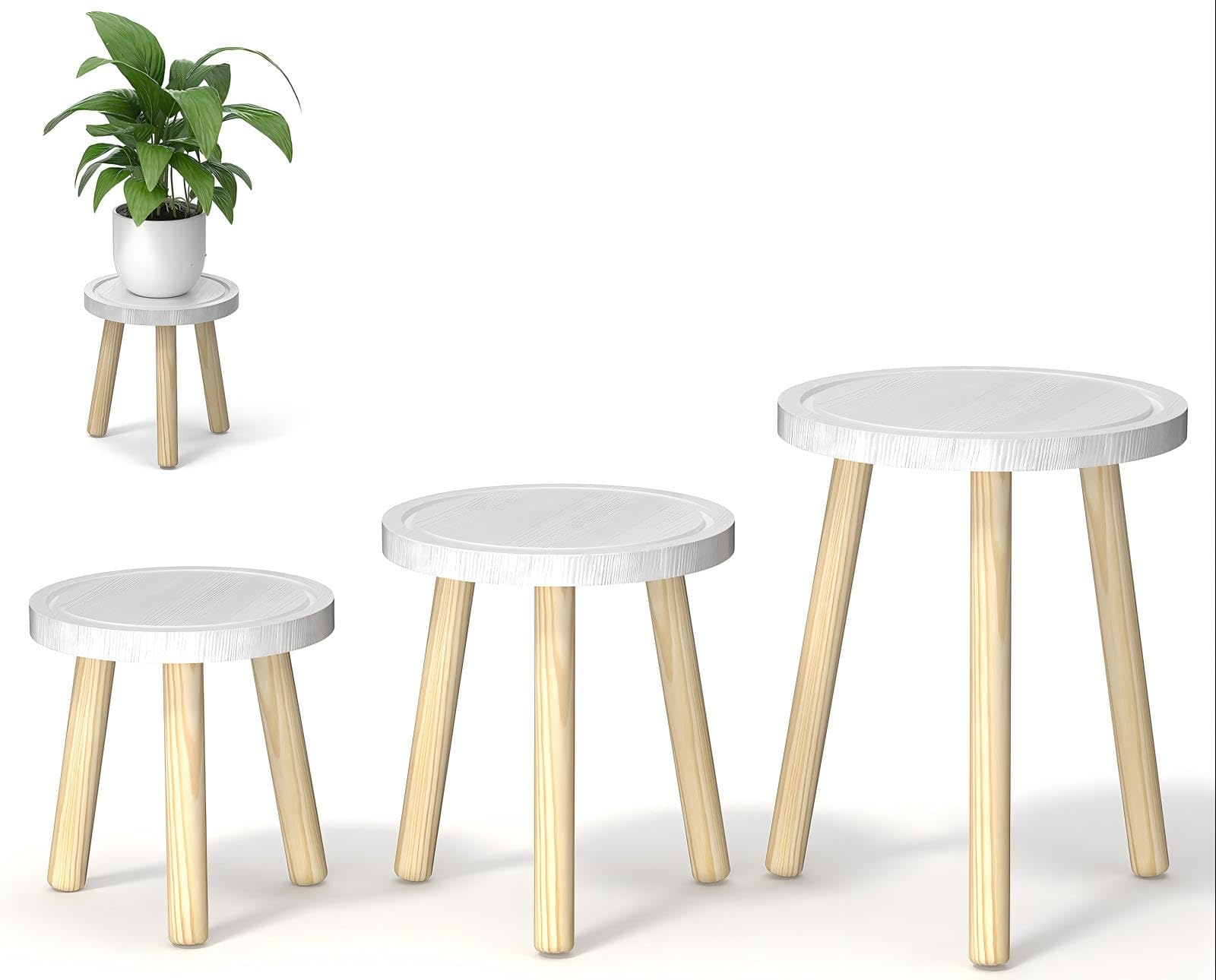 Vecxoty front view of three white plant stands showcasing layered display benefit