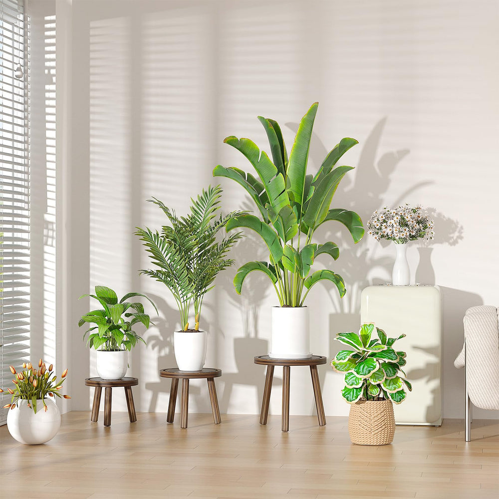 Vecxoty stands holding plants in living room adding layered display benefit