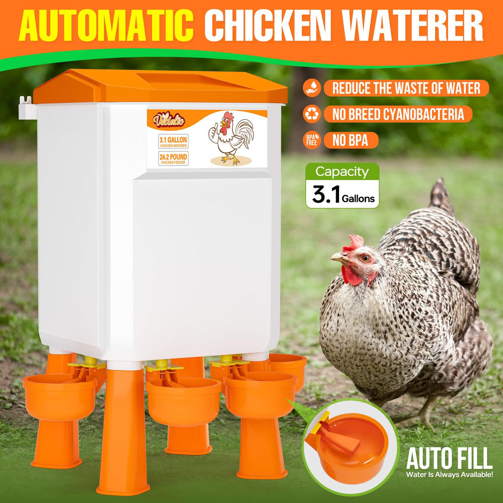 VEDALIO waterer detail showing drip-proof outlet to keep coop dry and clean