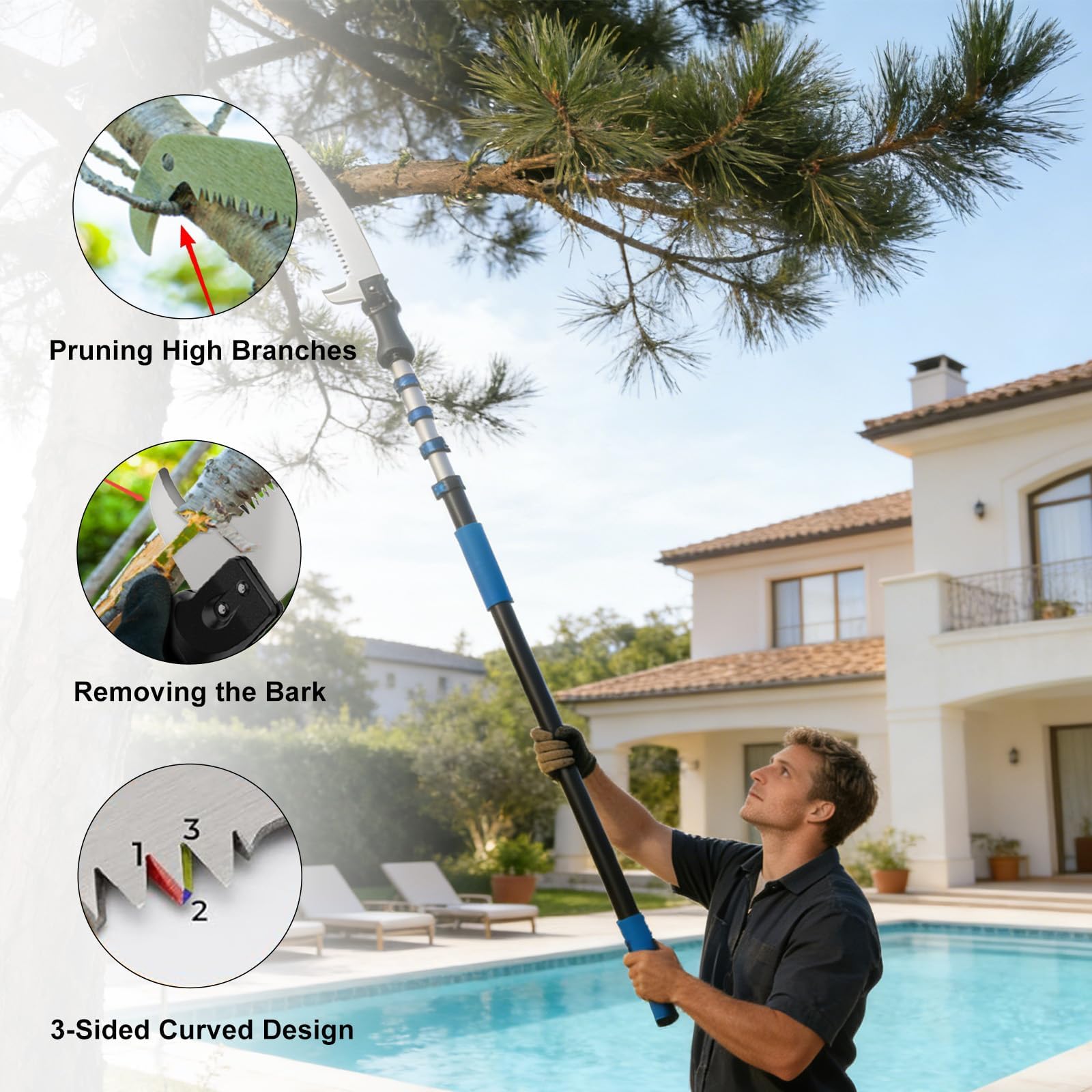Veebuyla pole saw in garden lifestyle scene enabling safer yard upkeep