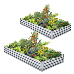 Veezyo front view of two assembled raised beds showing durable galvanized finish and neat layout