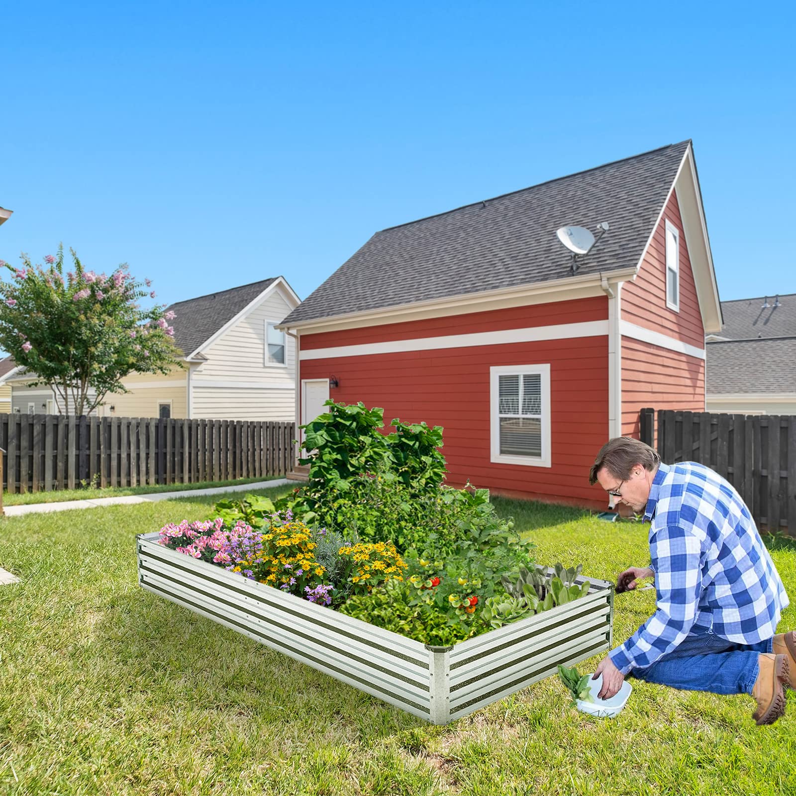 Veezyo scale comparison with person showing bed height for ergonomic planting comfort