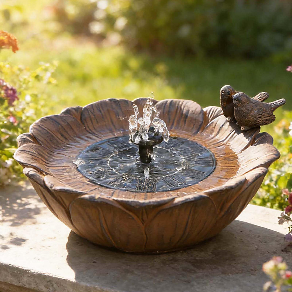 Veflauresi front view sunflower bird bath showing decorative appeal