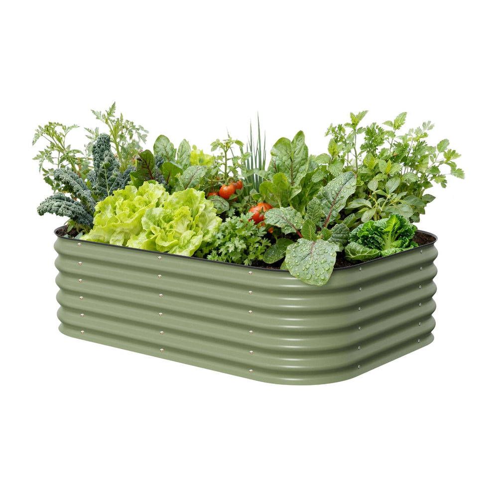 Vego Garden front view of olive green raised bed showing clean finish and quick setup benefit
