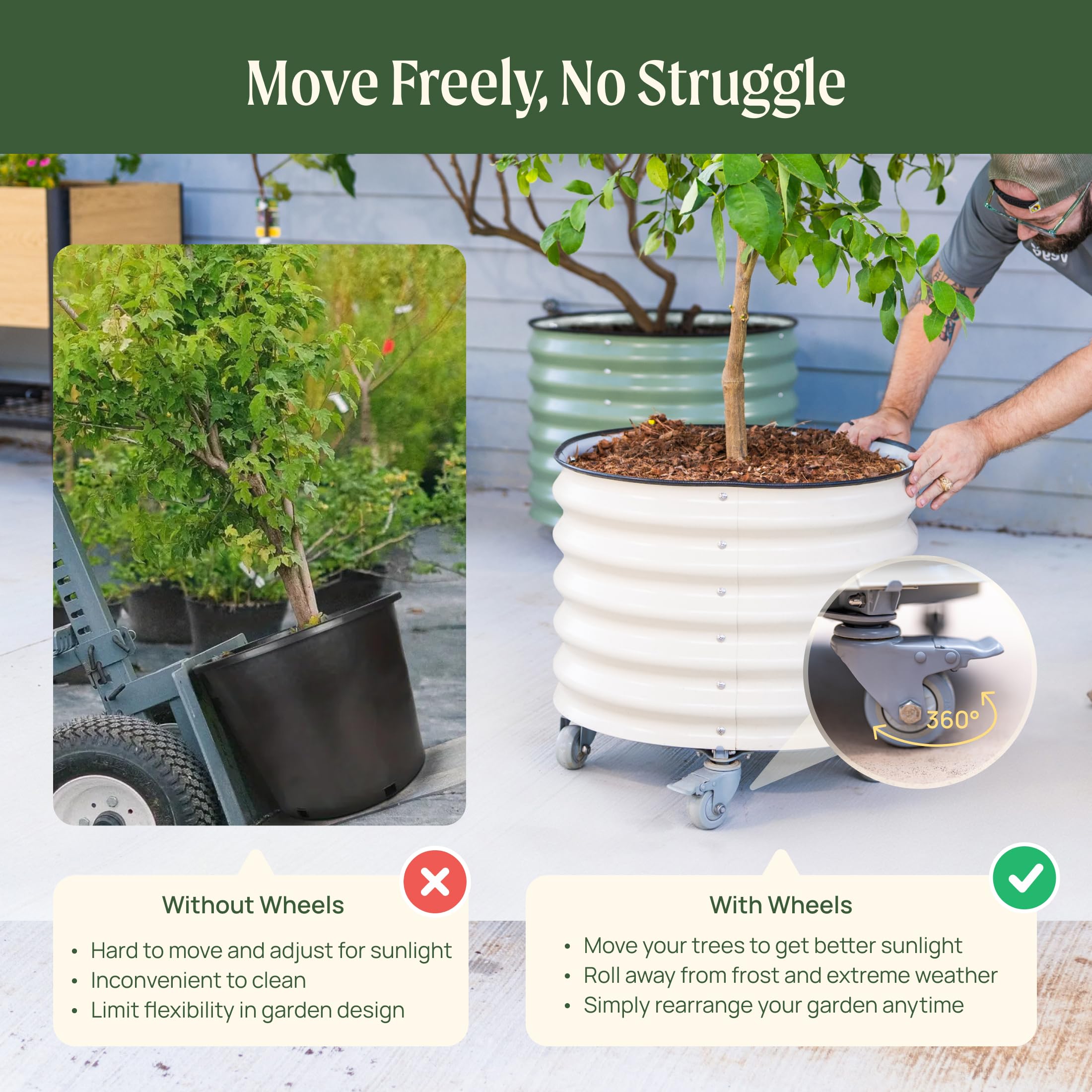 Vego garden locking wheels detail for easy mobility and secure placement