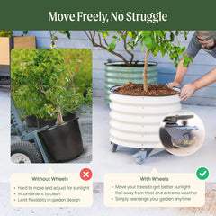 Vego garden locking wheels detail for easy mobility and secure placement