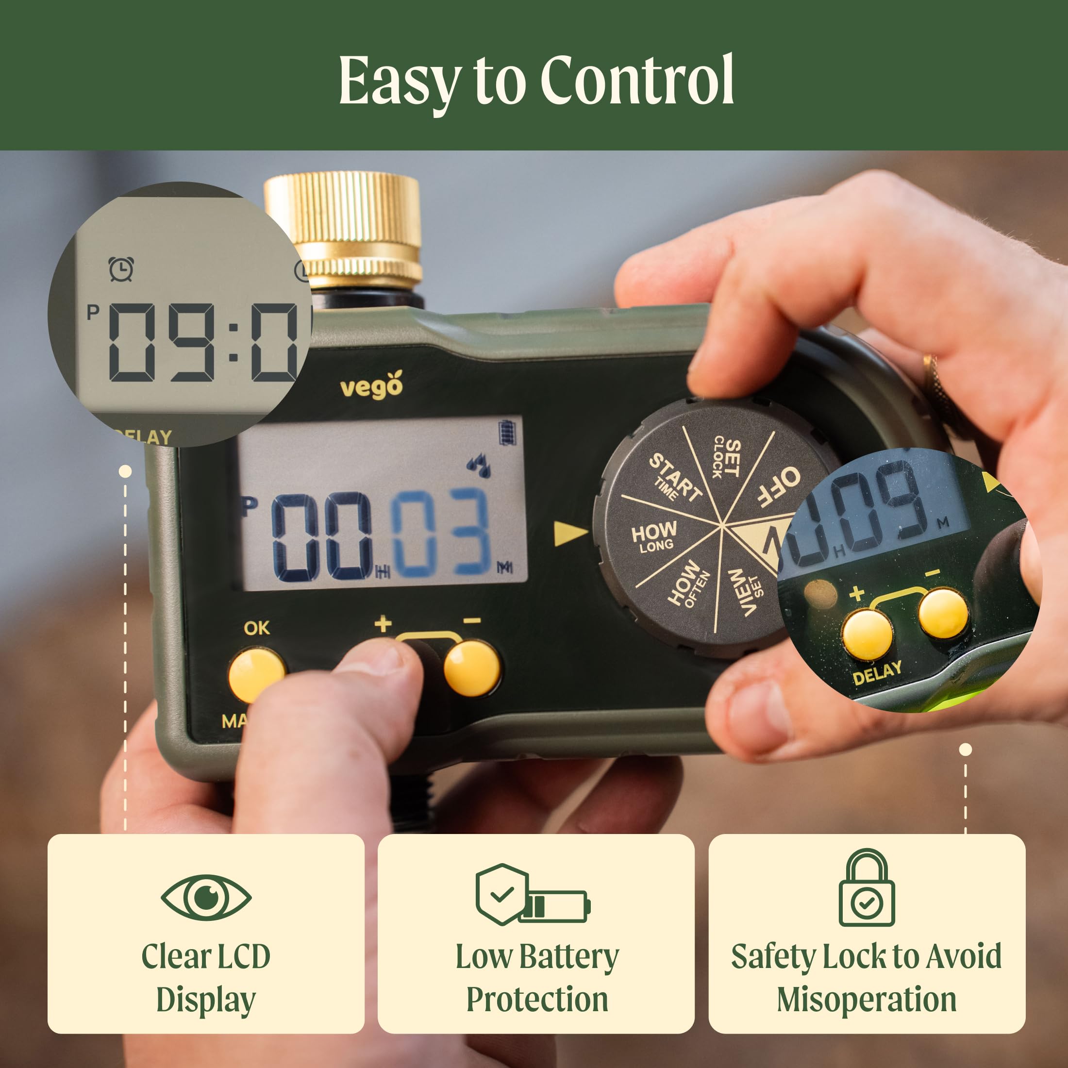 Vego attached to garden hose watering flower bed for hands-free irrigation