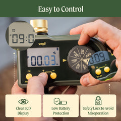 Vego attached to garden hose watering flower bed for hands-free irrigation