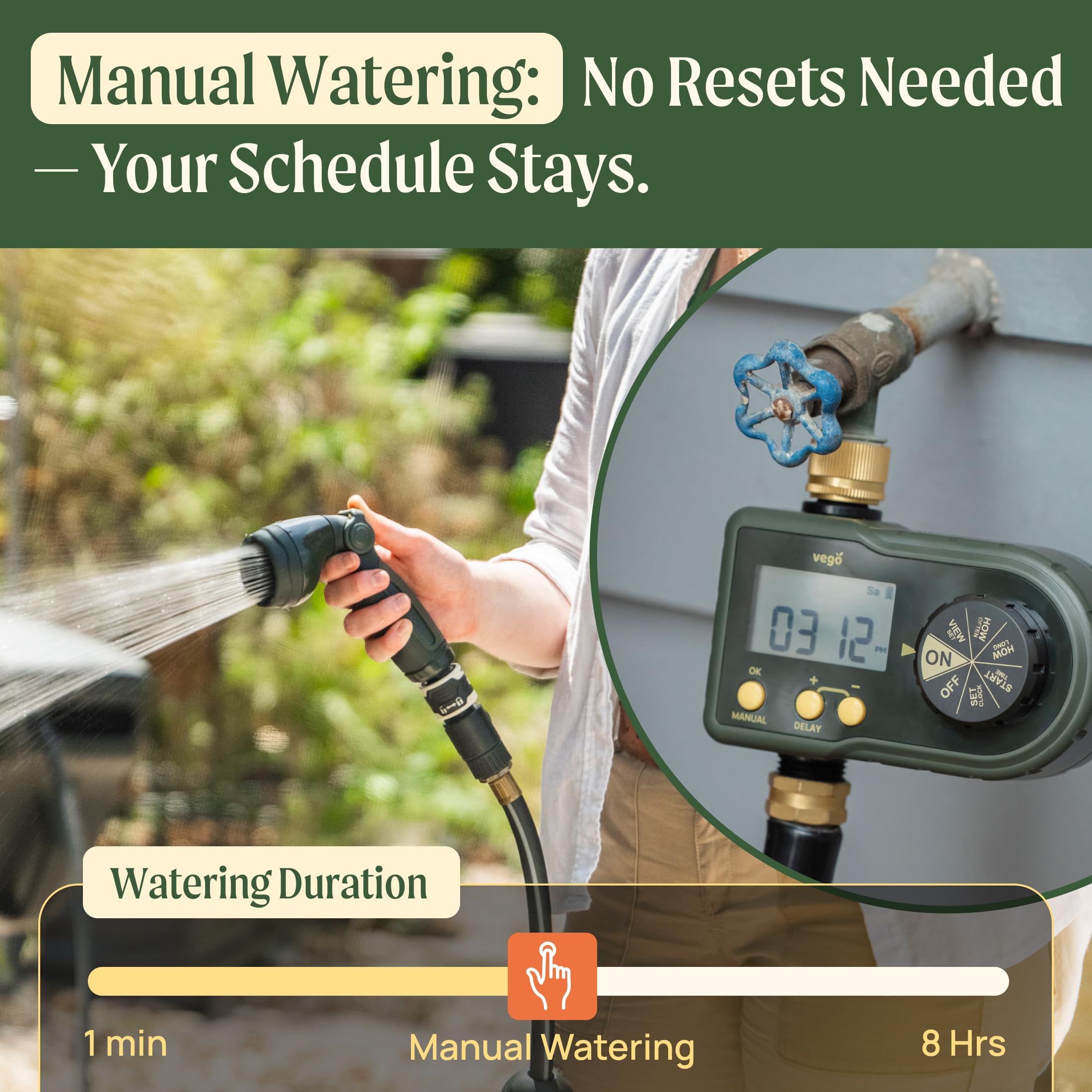 Vego LCD display with clear schedule readout and low-battery alert