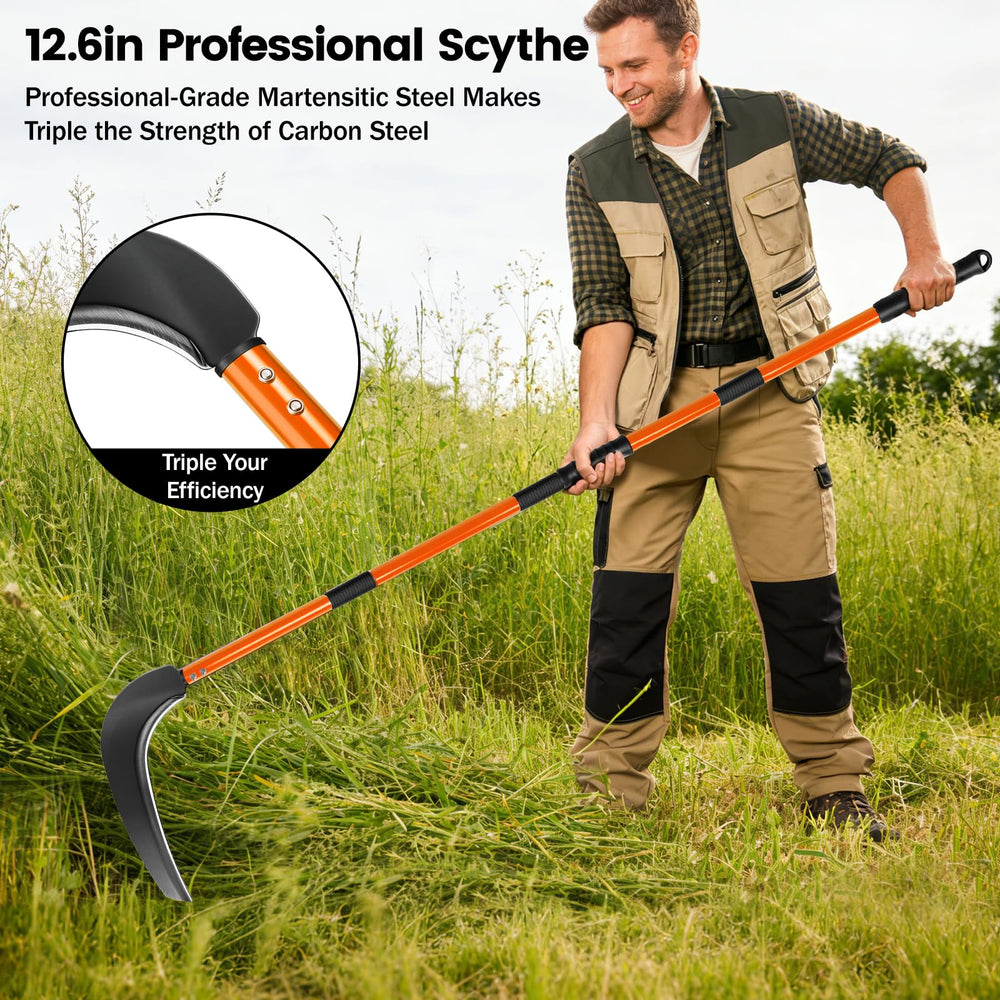VEKSICY scythe assembled in use cutting tall grass, ergonomic reach reduces bending