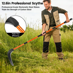 VEKSICY scythe assembled in use cutting tall grass, ergonomic reach reduces bending