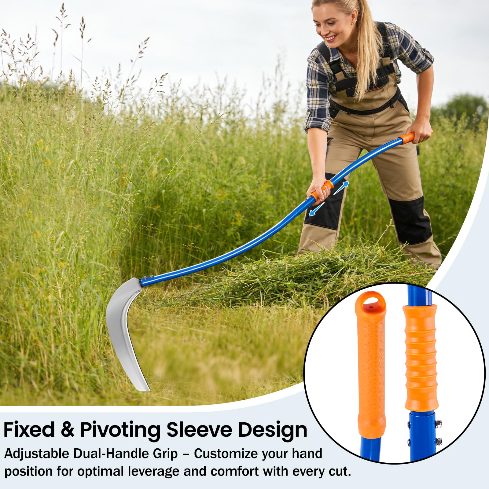 VEKSICY assembled scythe laid out with tape measure showing 61-inch reach advantage