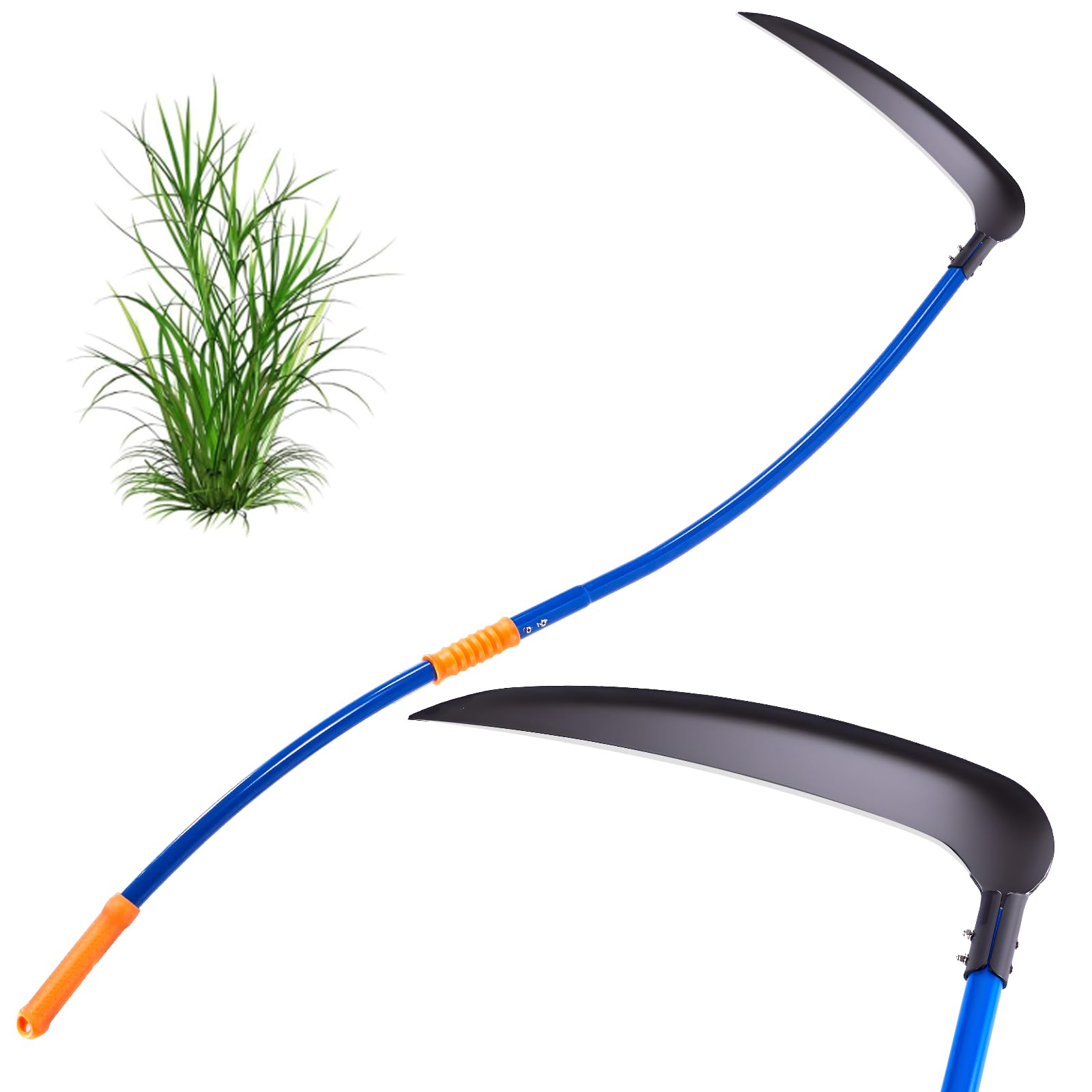 VEKSICY front view of assembled scythe showing full tool and ergonomic curve benefit