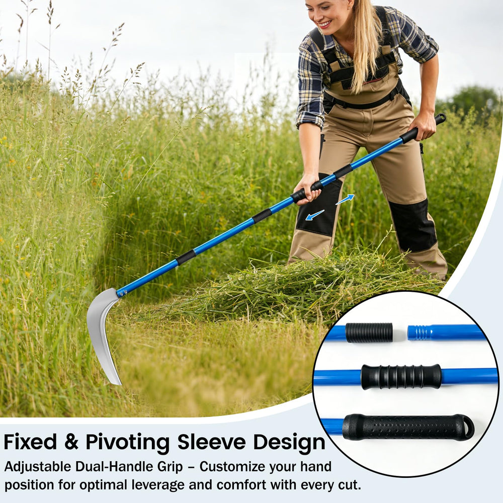VEKSICY scythe in use cutting tall grass showing efficient clearing benefit