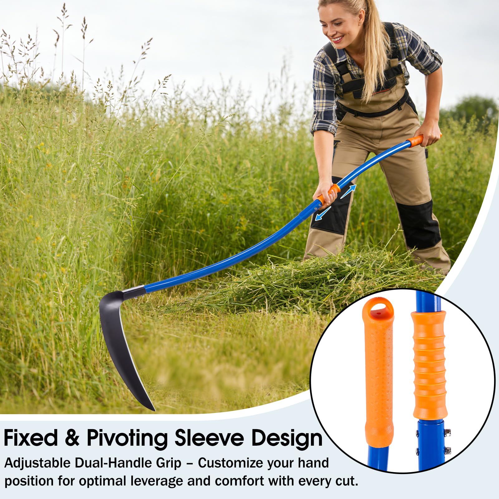 VEKSICY scythe cutting tall grass in field showing efficient manual clearing benefit