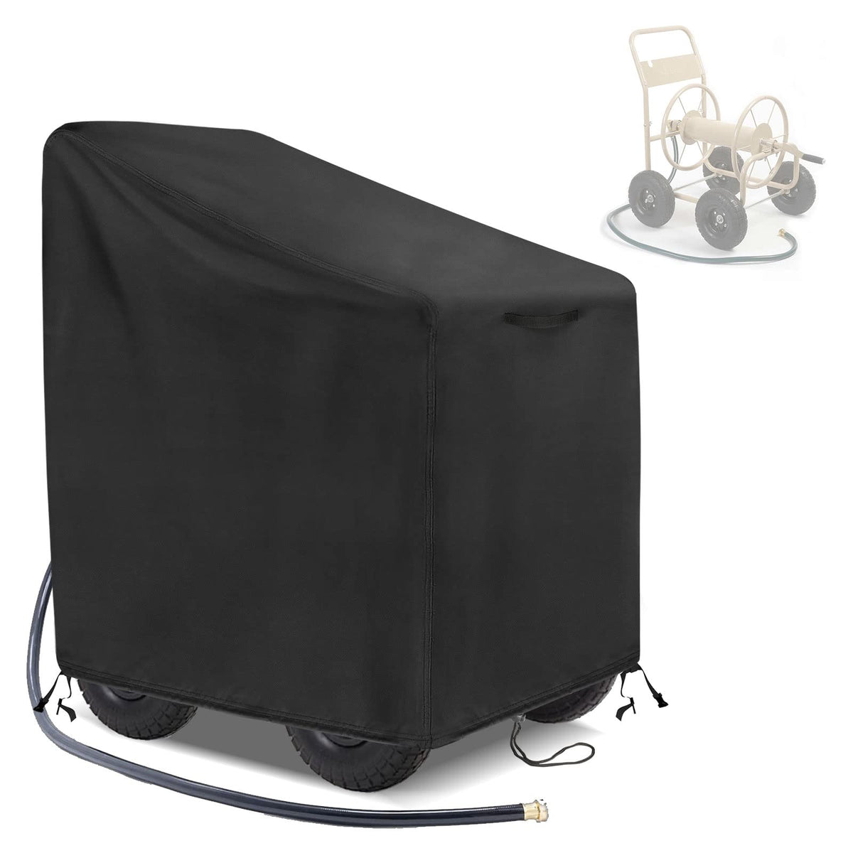 Velfree front view of cover protecting hose reel cart; weather protection benefit