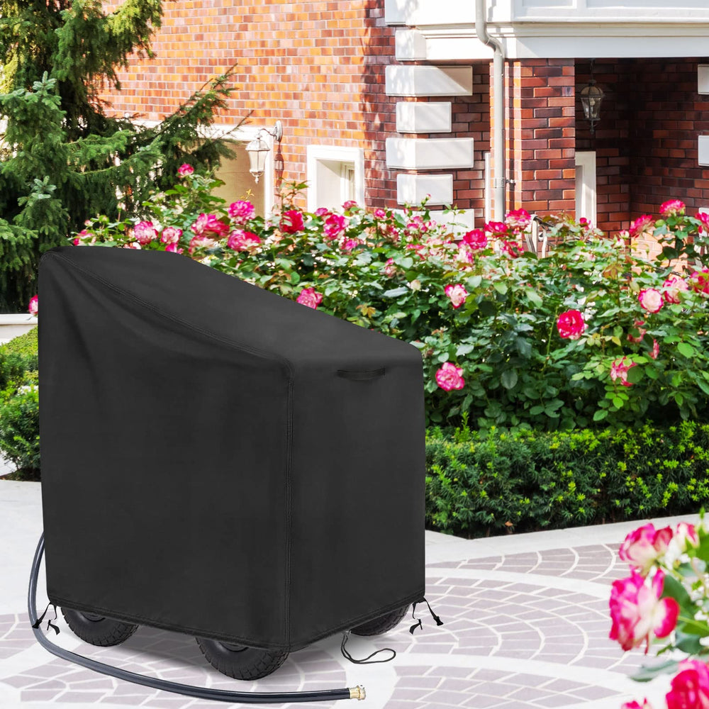 Velfree covered hose reel cart in garden setting protecting equipment outdoors
