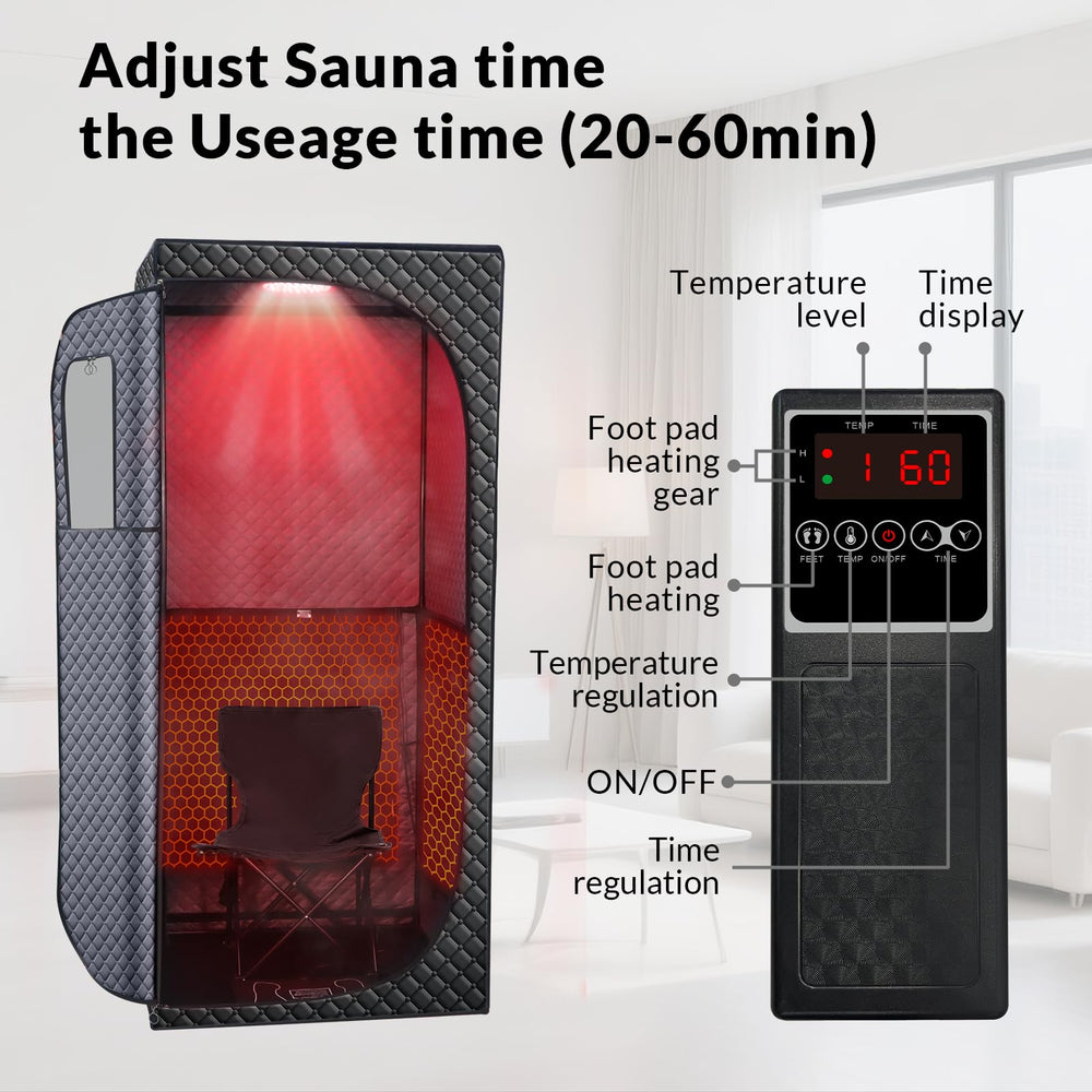 Veloqore sauna with person next to it for scale, emphasizes roomy full-body coverage