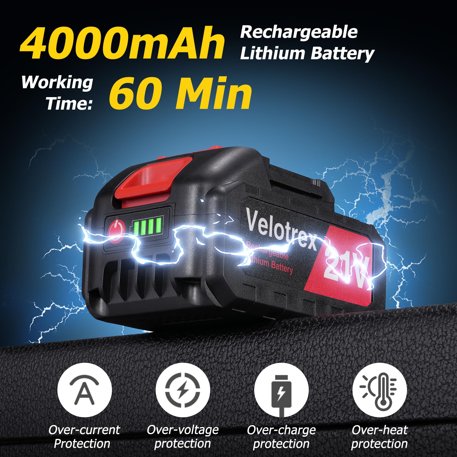 Velotrex 21V 4000mAh battery pack installed showing long runtime benefit