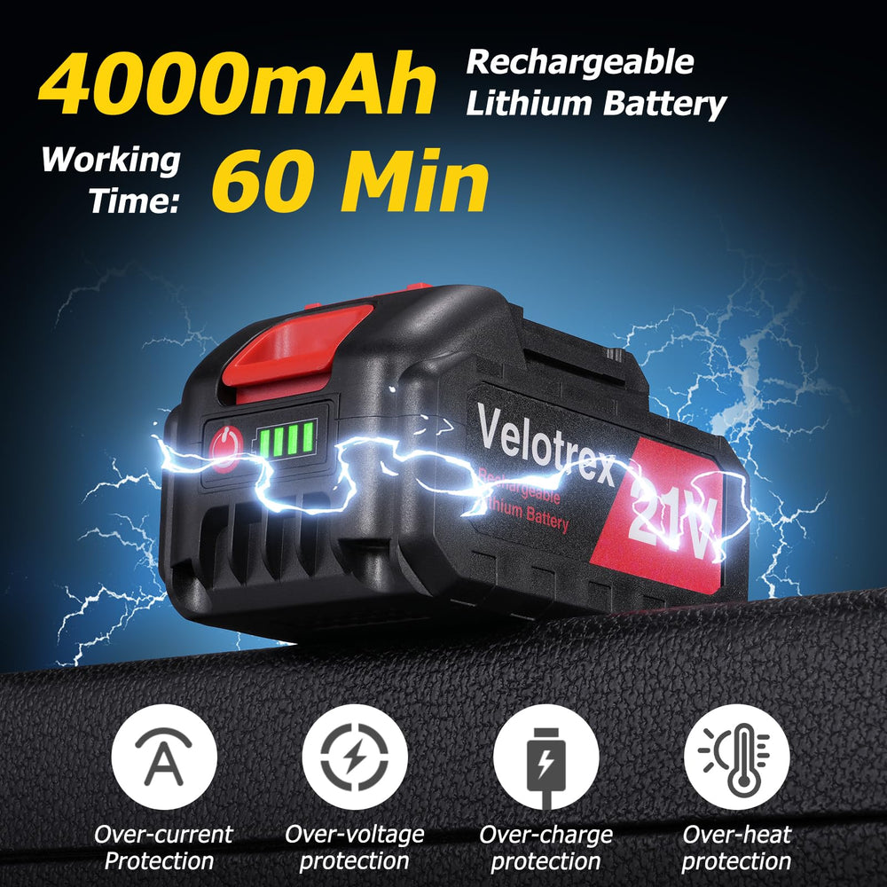 Velotrex 21V 4000mAh battery pack installed showing long runtime benefit