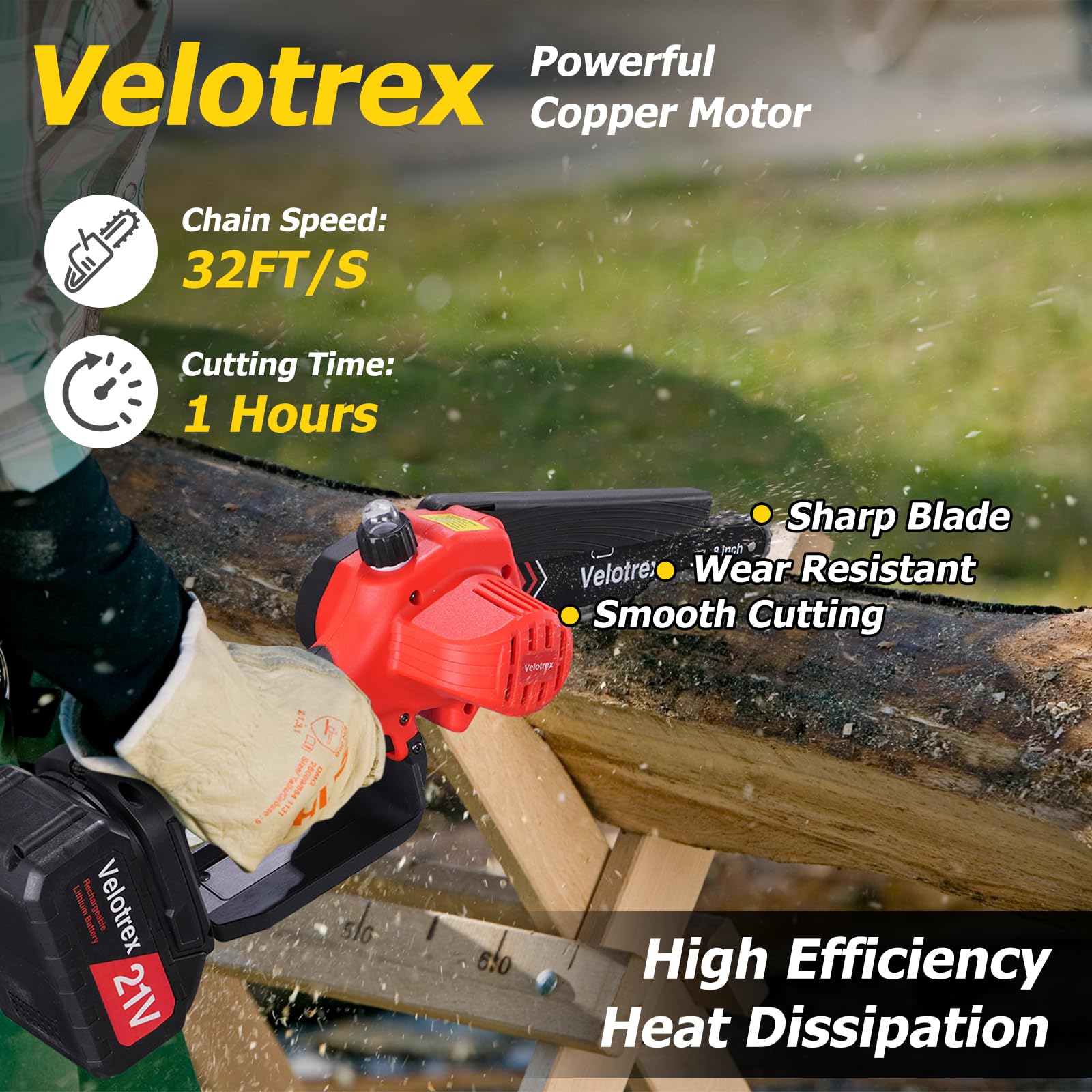 Velotrex extended pole saw cutting a high branch demonstrating safe ladder-free benefit