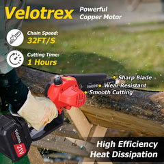 Velotrex extended pole saw cutting a high branch demonstrating safe ladder-free benefit