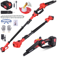 Velotrex pole saw front view showing full assembled tool and reach benefit