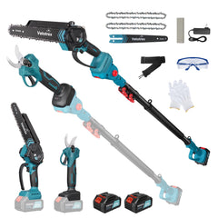 Velotrex front view of pole saw showing compact kit and benefits