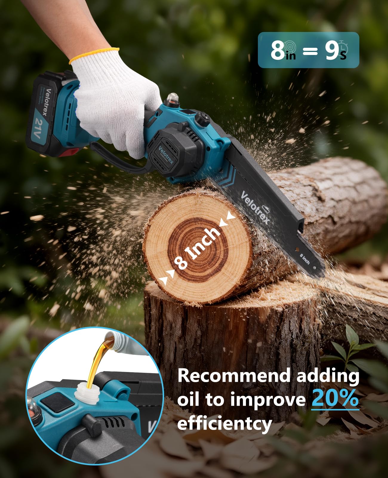 Velotrex in use cutting high branch showing ladder-free convenience