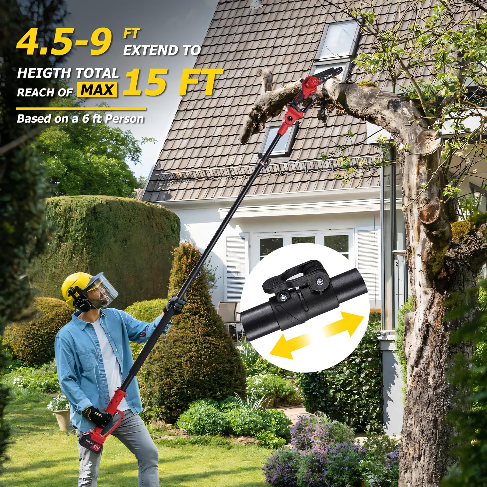 Velotrex beside a person for scale showing 15ft reach and ergonomic benefit