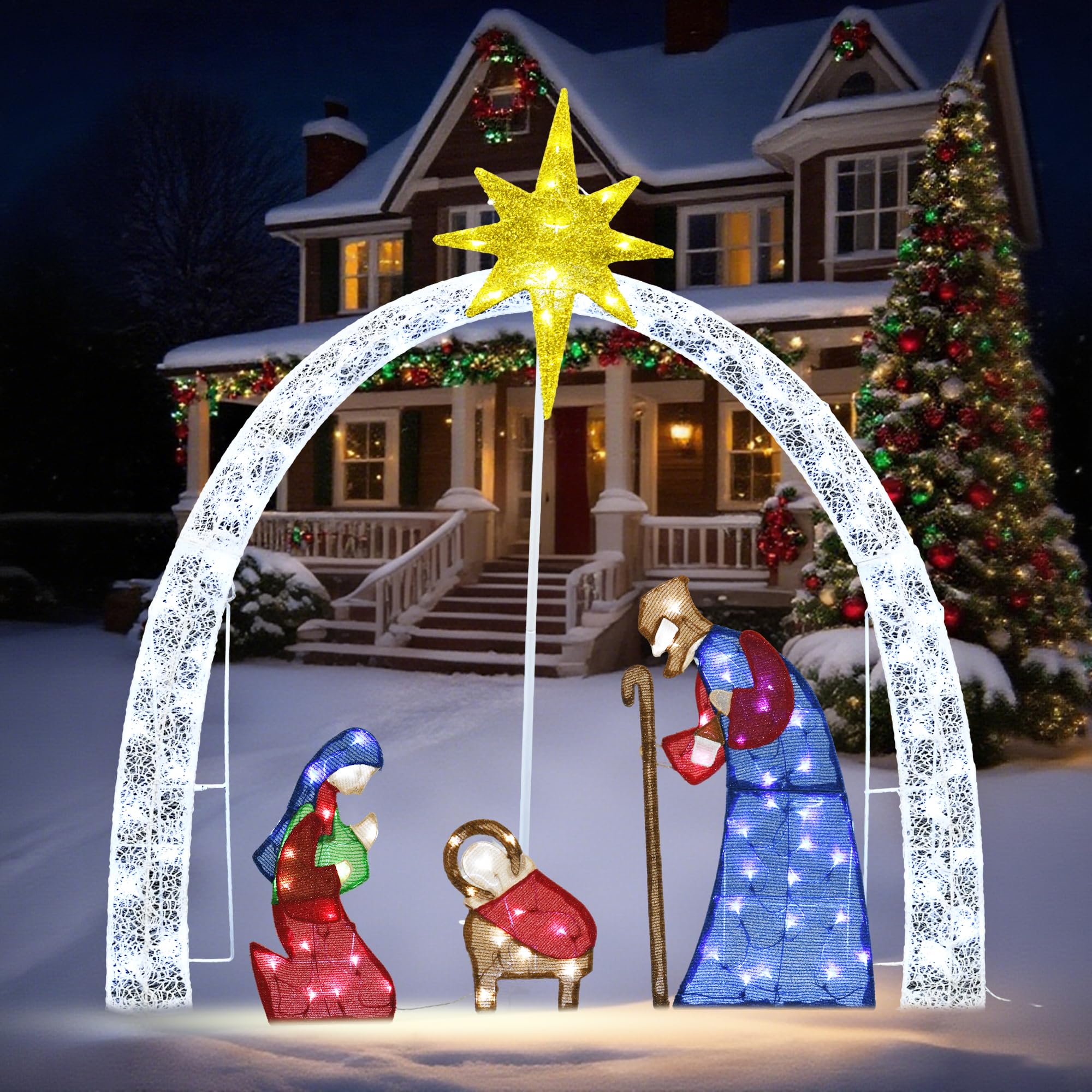 VELTENOVAIRE front view nativity scene showing full illuminated silhouette and curb appeal