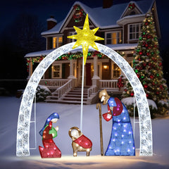 VELTENOVAIRE front view nativity scene showing full illuminated silhouette and curb appeal