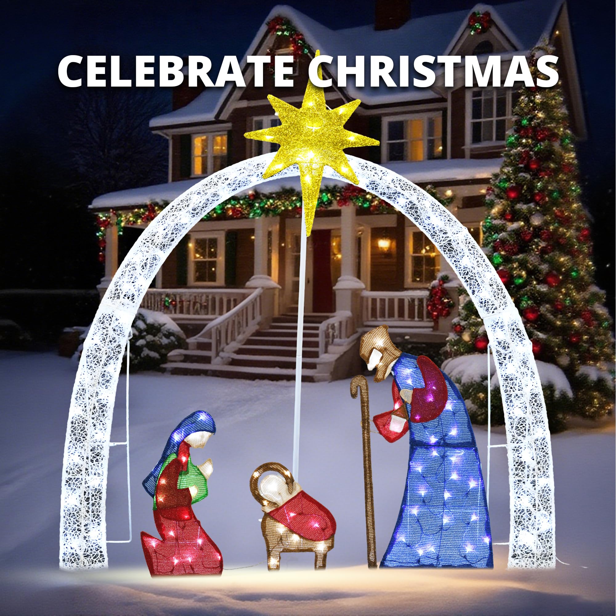 VELTENOVAIRE nighttime yard display glowing with neutral white LEDs for serene ambiance