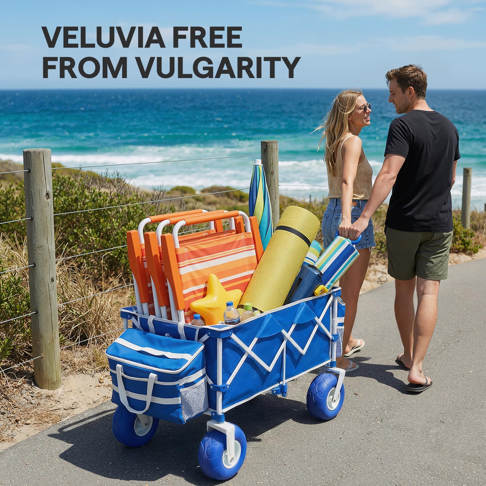 VELUVIA family at beach using wagon highlighting convenience and reduced hauling effort