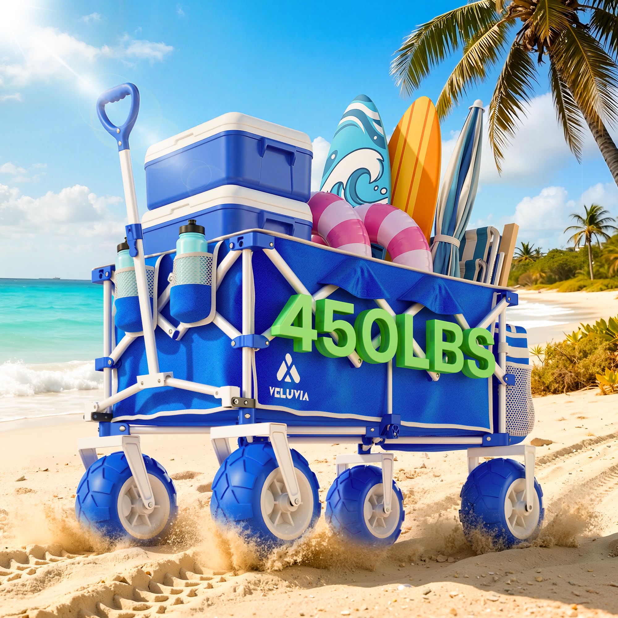 VELUVIA front packaging view showing sturdy design and beach-ready features