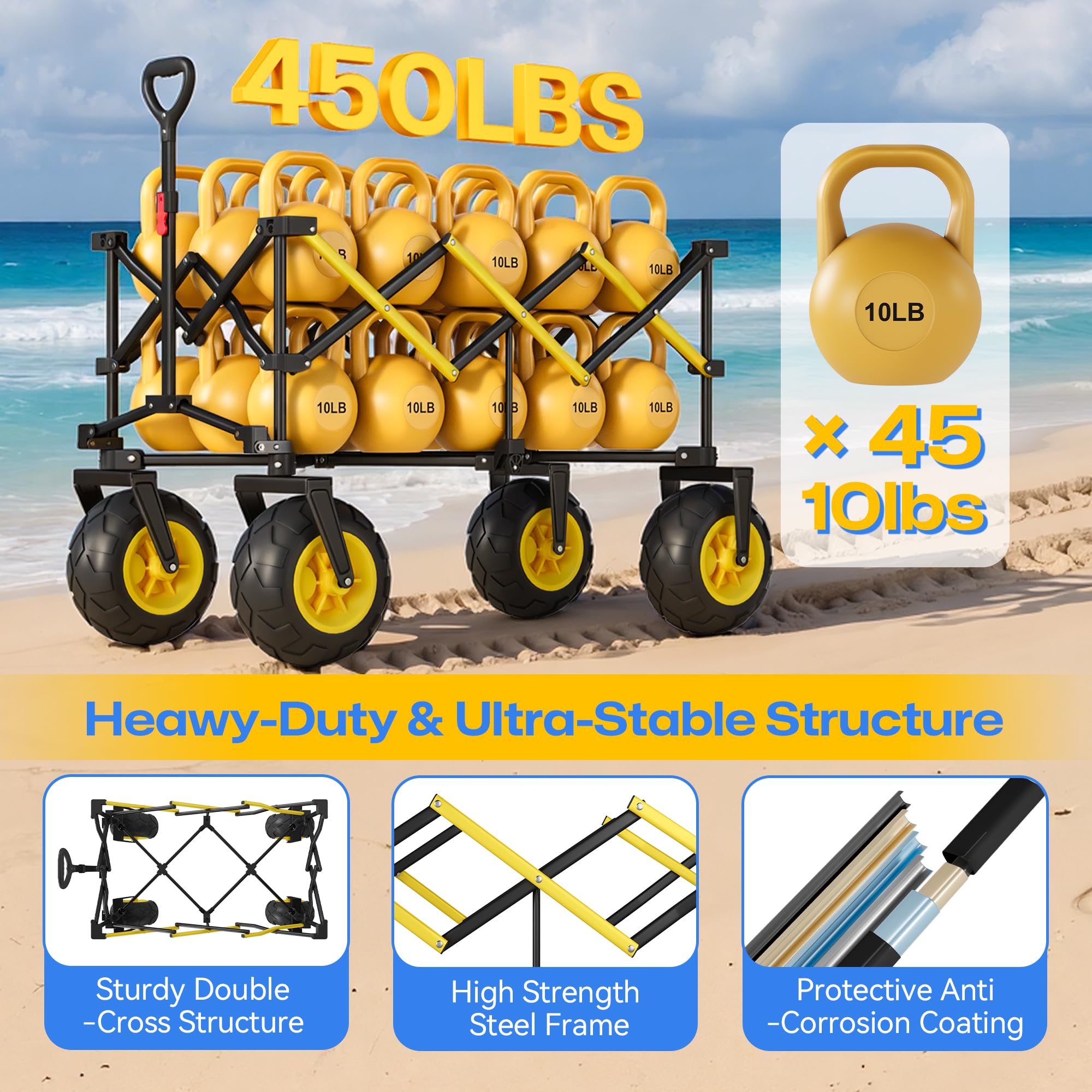 VELUVIA wagon on a beach with family gear for stress-free hauling