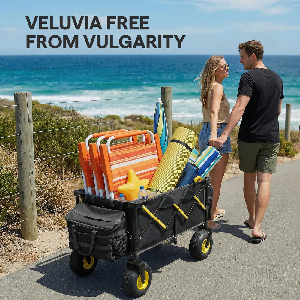 VELUVIA wagon next to cooler and chairs to show 260L capacity