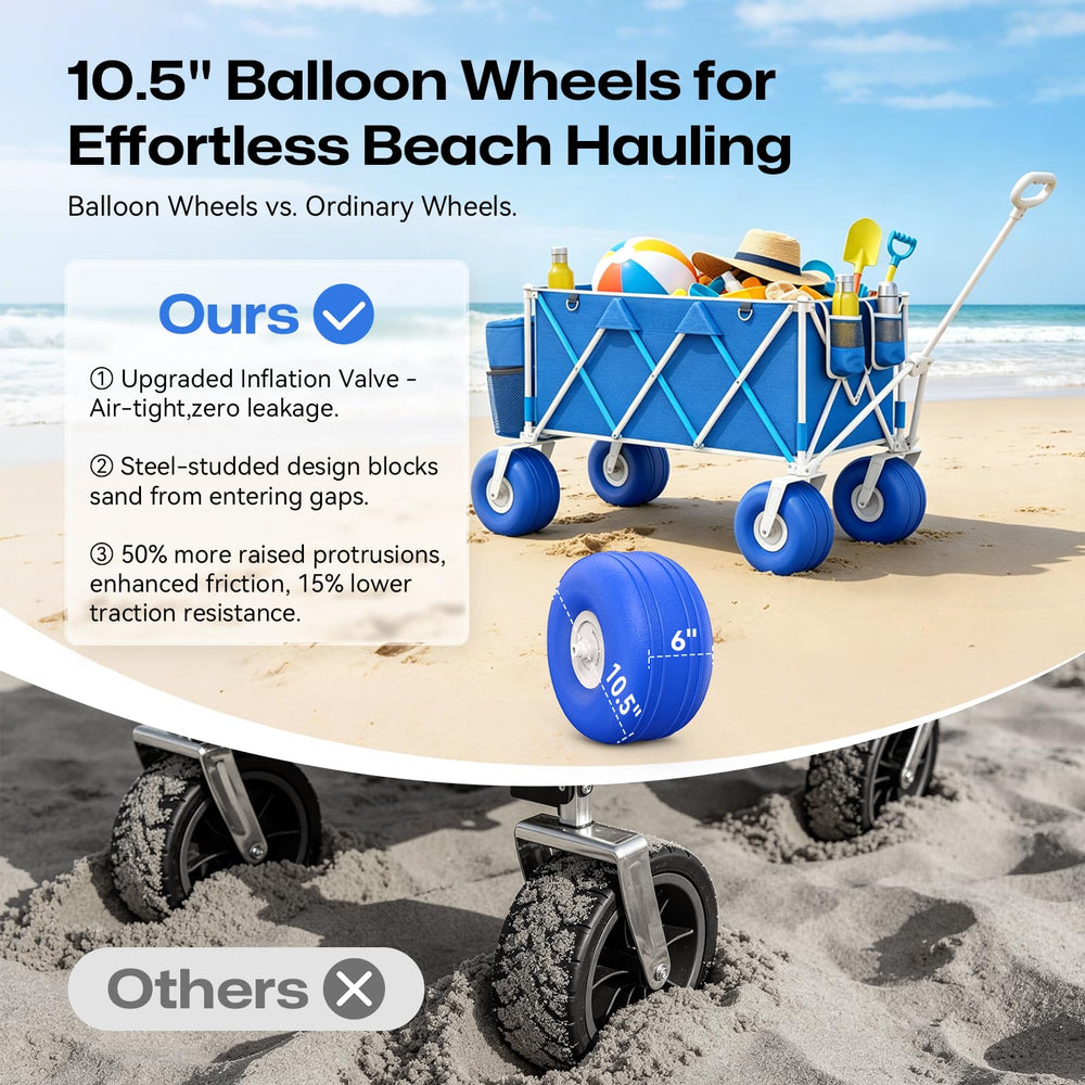 VELUVIA close-up of 10.5-inch balloon wheel demonstrating traction and flotation benefit