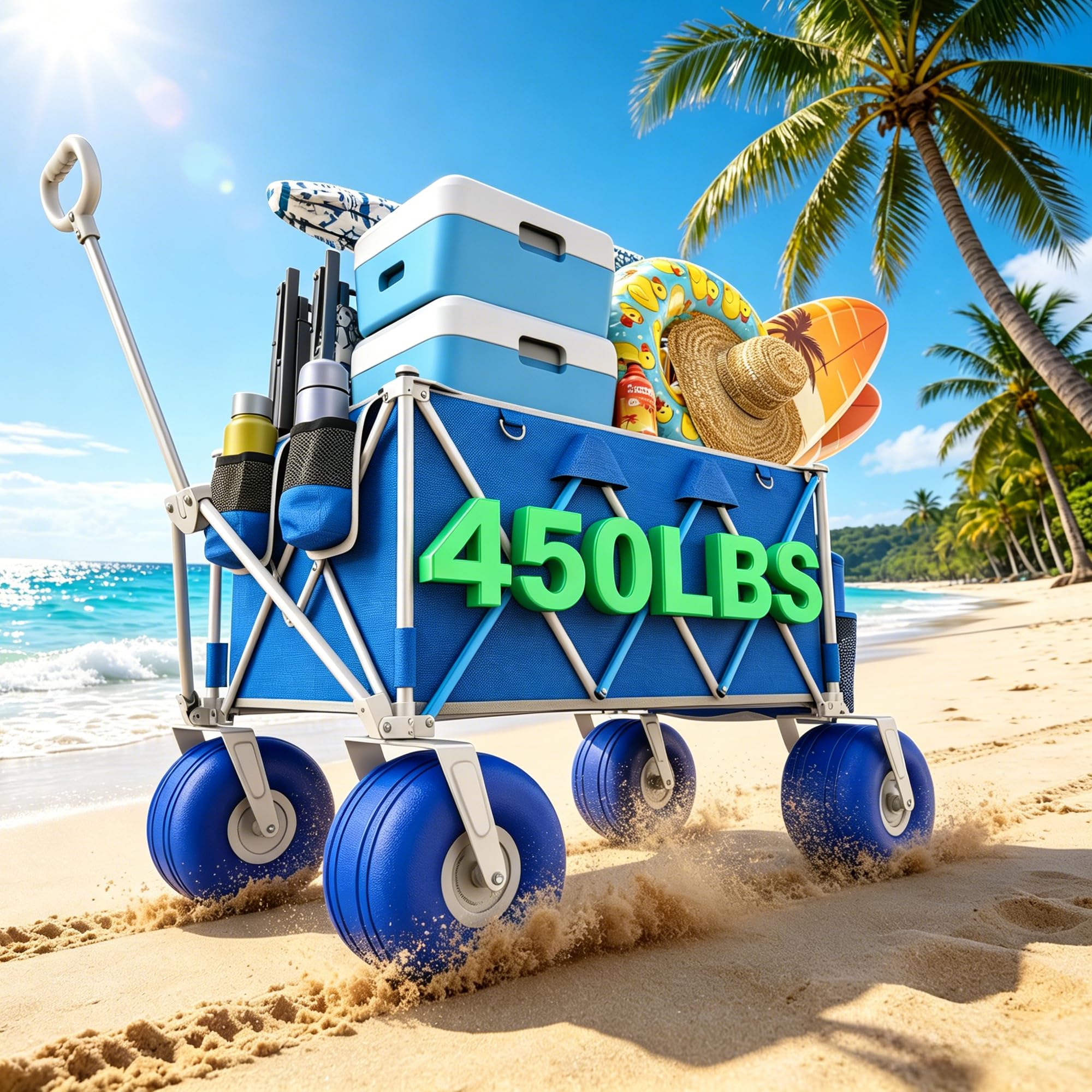 VELUVIA front view of beach wagon showing sturdy frame and fabric, easy loading benefit