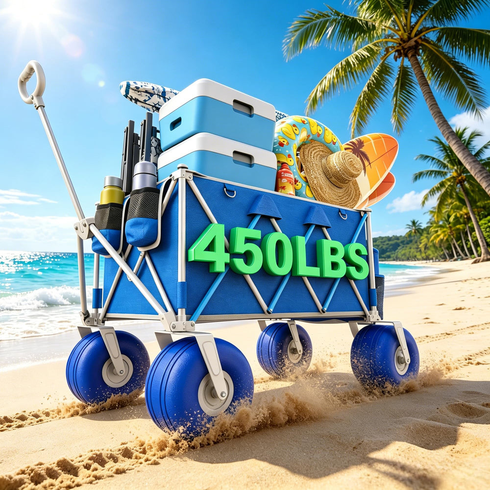 VELUVIA front view of beach wagon showing sturdy frame and fabric, easy loading benefit