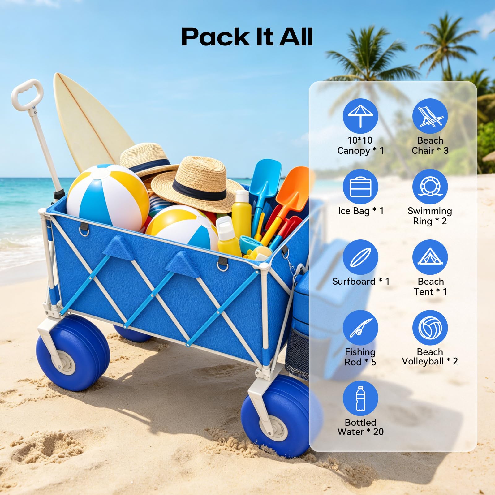 VELUVIA wagon being pulled across sand carrying chairs and cooler for effortless transport benefit
