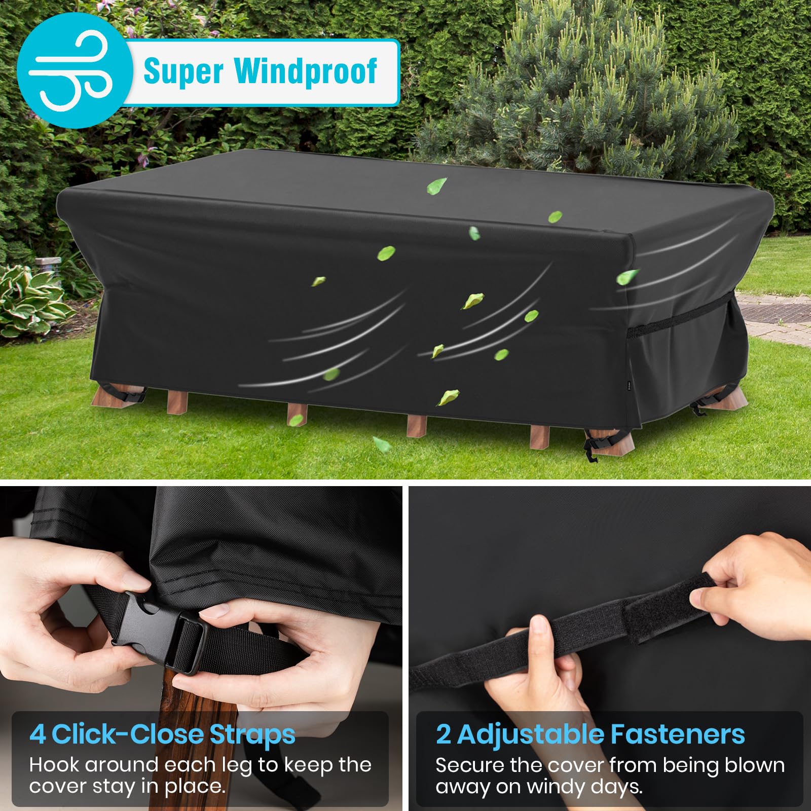 Velway cover installed on bistro table with chairs, demonstrating weather protection in use