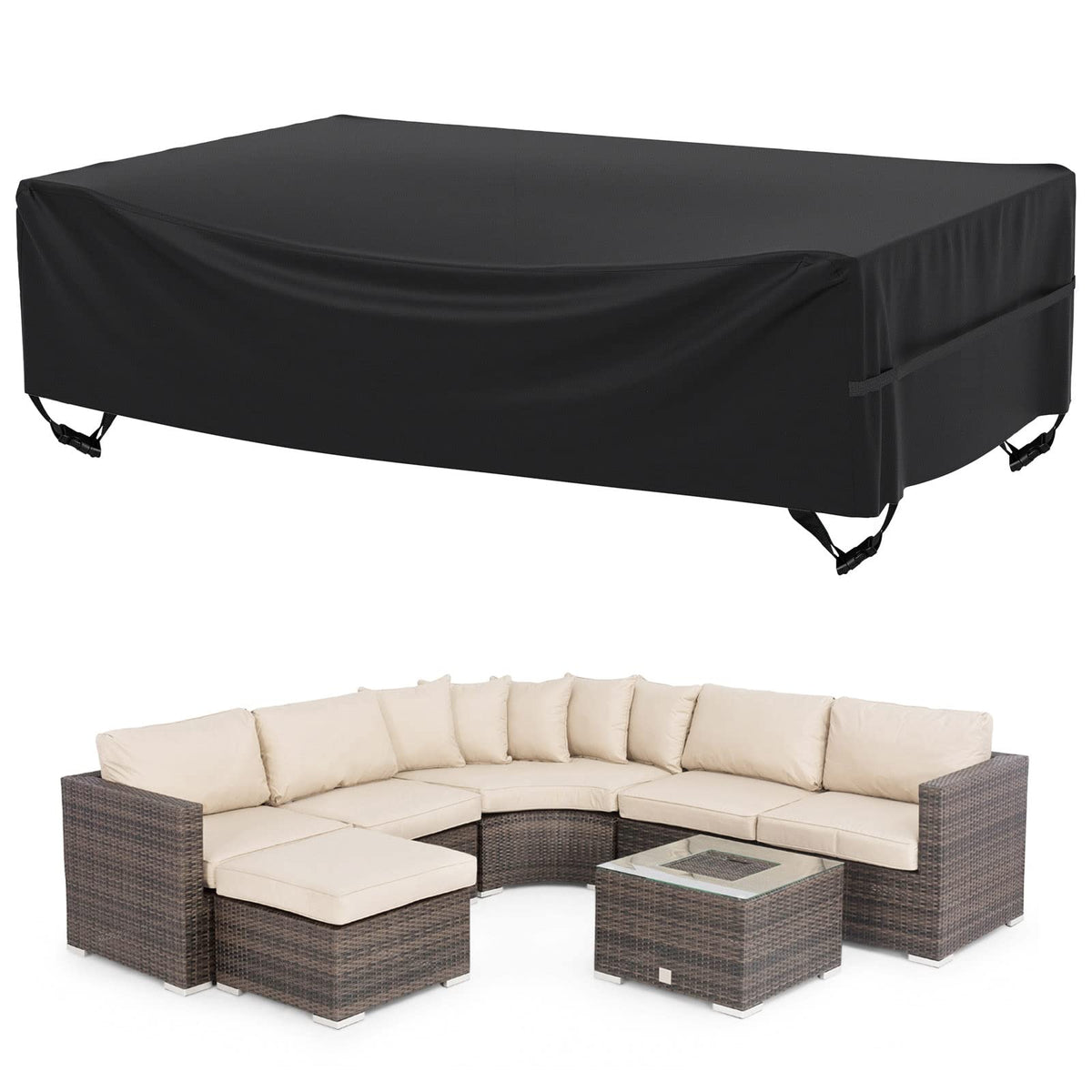 Velway front view of covered patio set showing full protection and tidy fit