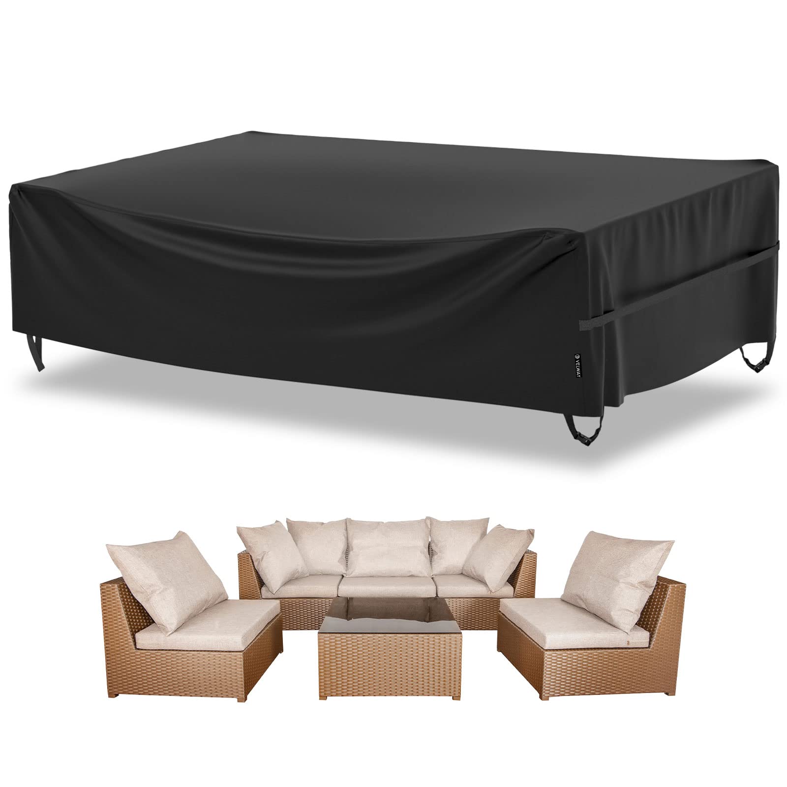 Velway front view of full rectangular cover protecting patio furniture and resisting weather