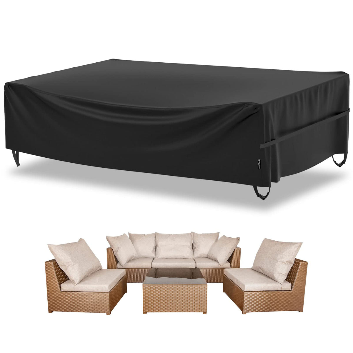 Velway front view of full rectangular cover protecting patio furniture and resisting weather